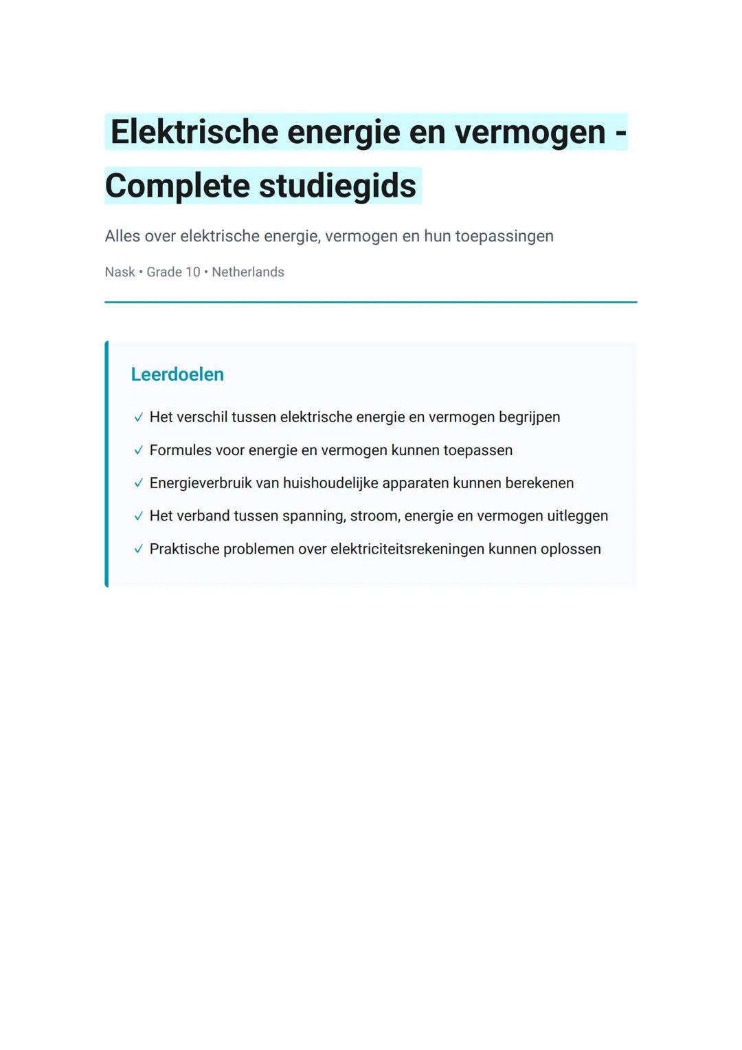 Elektrische energie en vermogen -
Complete studiegids
Alles over elektrische energie, vermogen en hun toepassingen
Nask 	Grade 10 	Netherlan