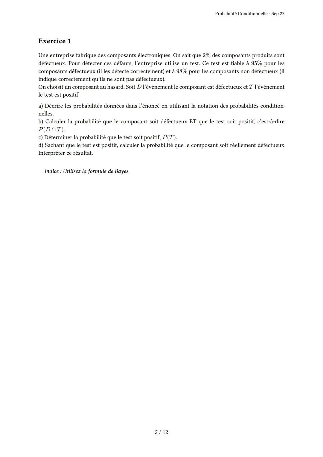# Probabilité Conditionnelle

Généré par Knowunity.fr - Sep 23

Description: Cet examen couvre la probabilité conditionnelle, les arbres pon