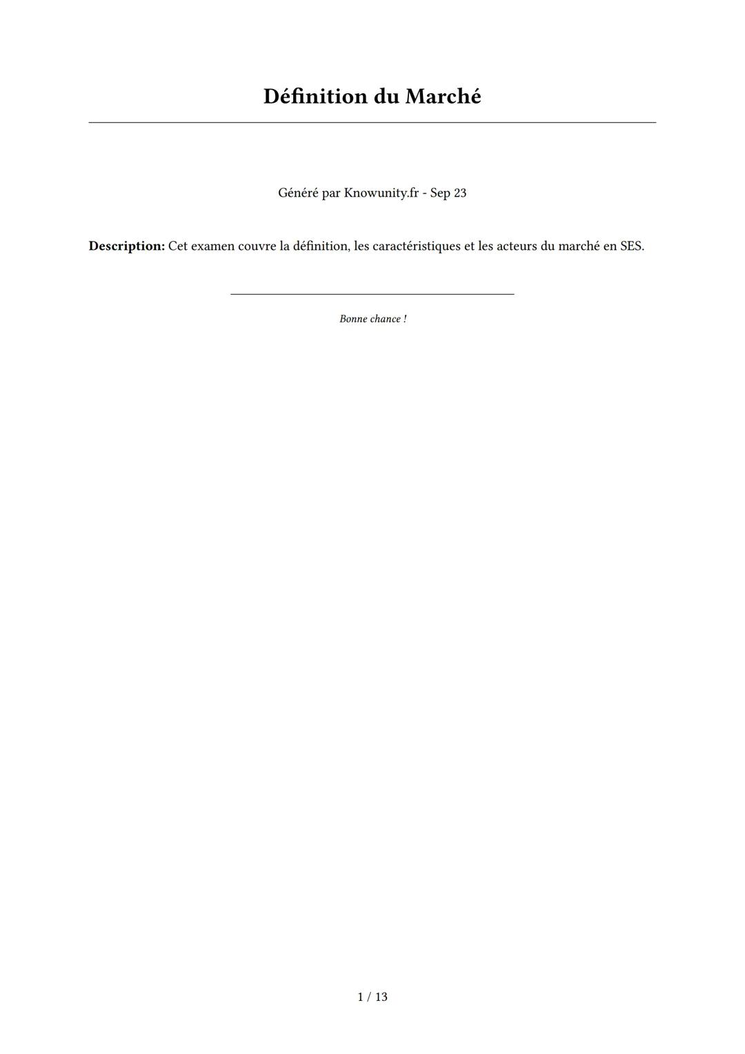 # Définition du Marché

Généré par Knowunity.fr - Sep 23

Description: Cet examen couvre la définition, les caractéristiques et les acteurs 