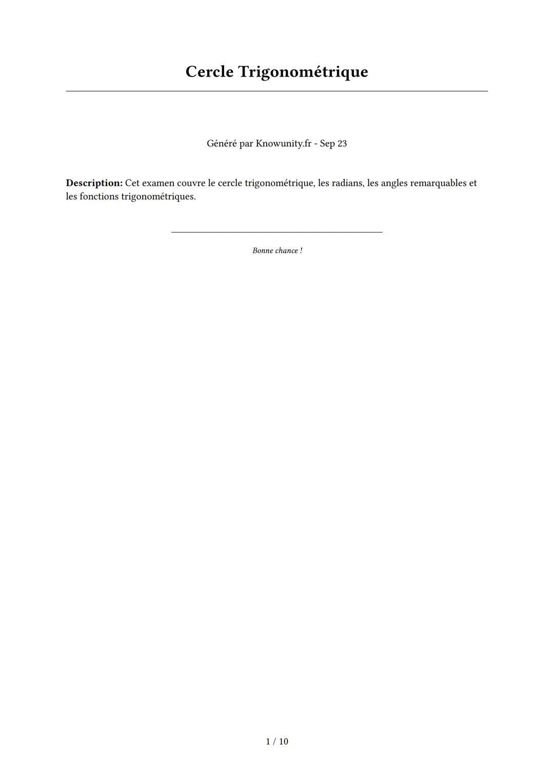 # Cercle Trigonométrique

Généré par Knowunity.fr - Sep 23

Description: Cet examen couvre le cercle trigonométrique, les radians, les angle