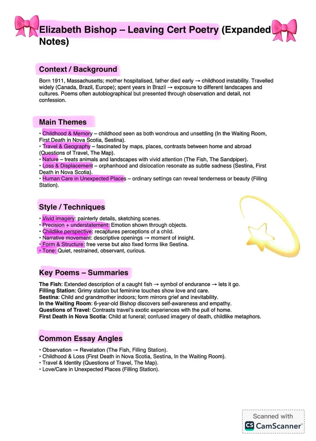 # Elizabeth Bishop - Leaving Cert Poetry (Expanded
Notes)
## Context/Background
Born 1911, Massachusetts; mother hospitalised, father died