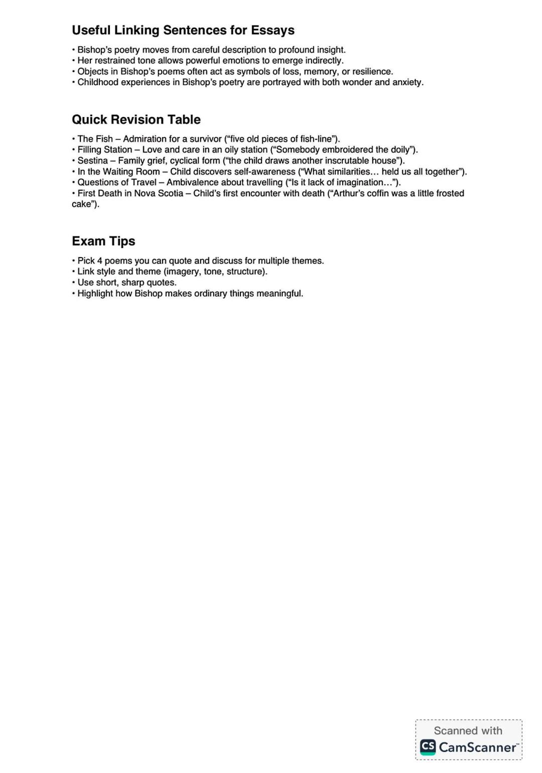 # Elizabeth Bishop - Leaving Cert Poetry (Expanded
Notes)
## Context/Background
Born 1911, Massachusetts; mother hospitalised, father died