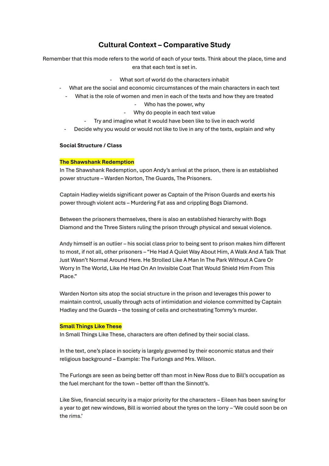 # Cultural Context - Comparative Study
Remember that this mode refers to the world of each of your texts. Think about the place, time and
e