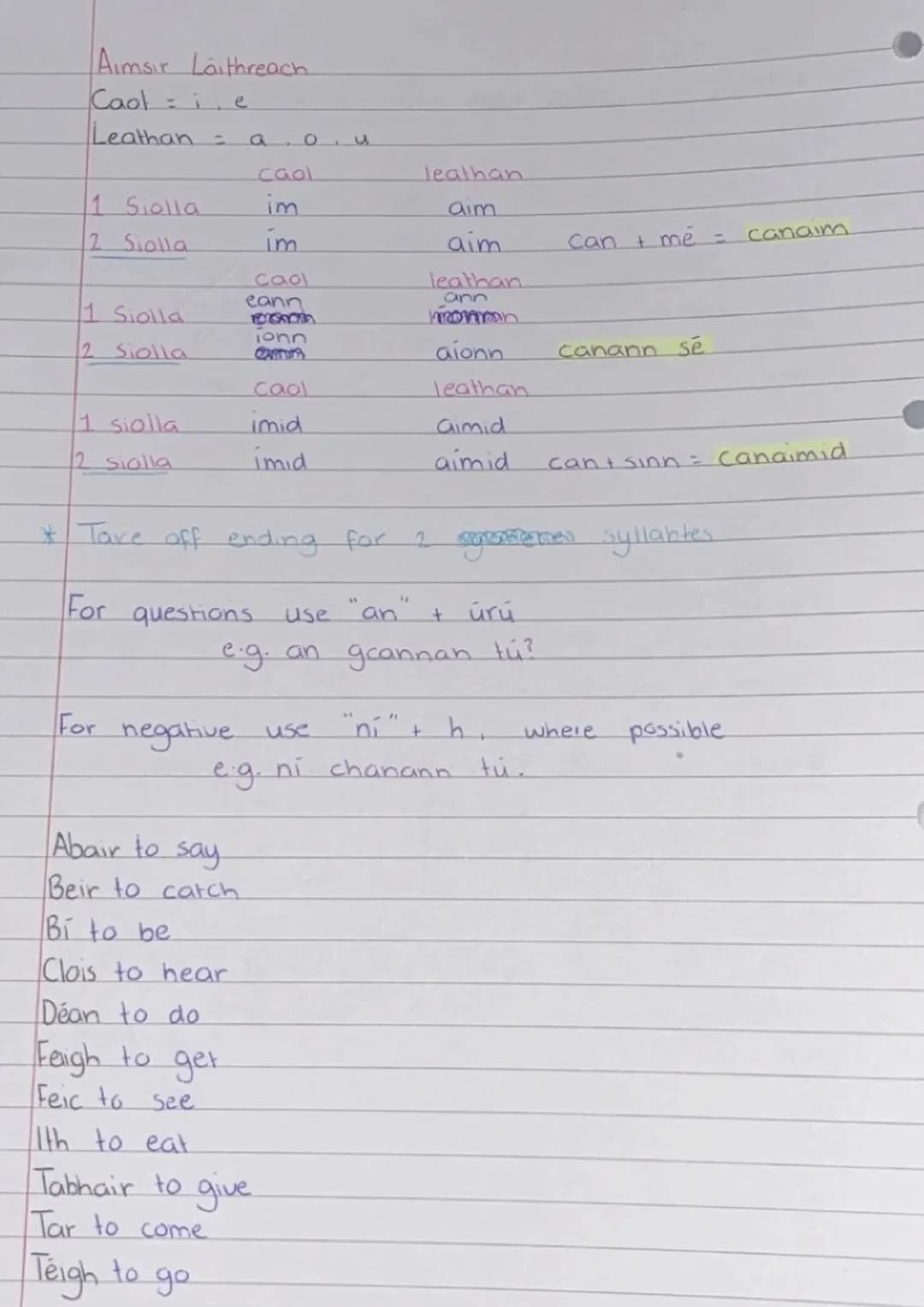 Aimsir Laithreach
Caol = i, e
Leathan = a, o, u
| | caol | leathan |
| ------ | ----- | ------- |
| 1 Siolla | im | aim |