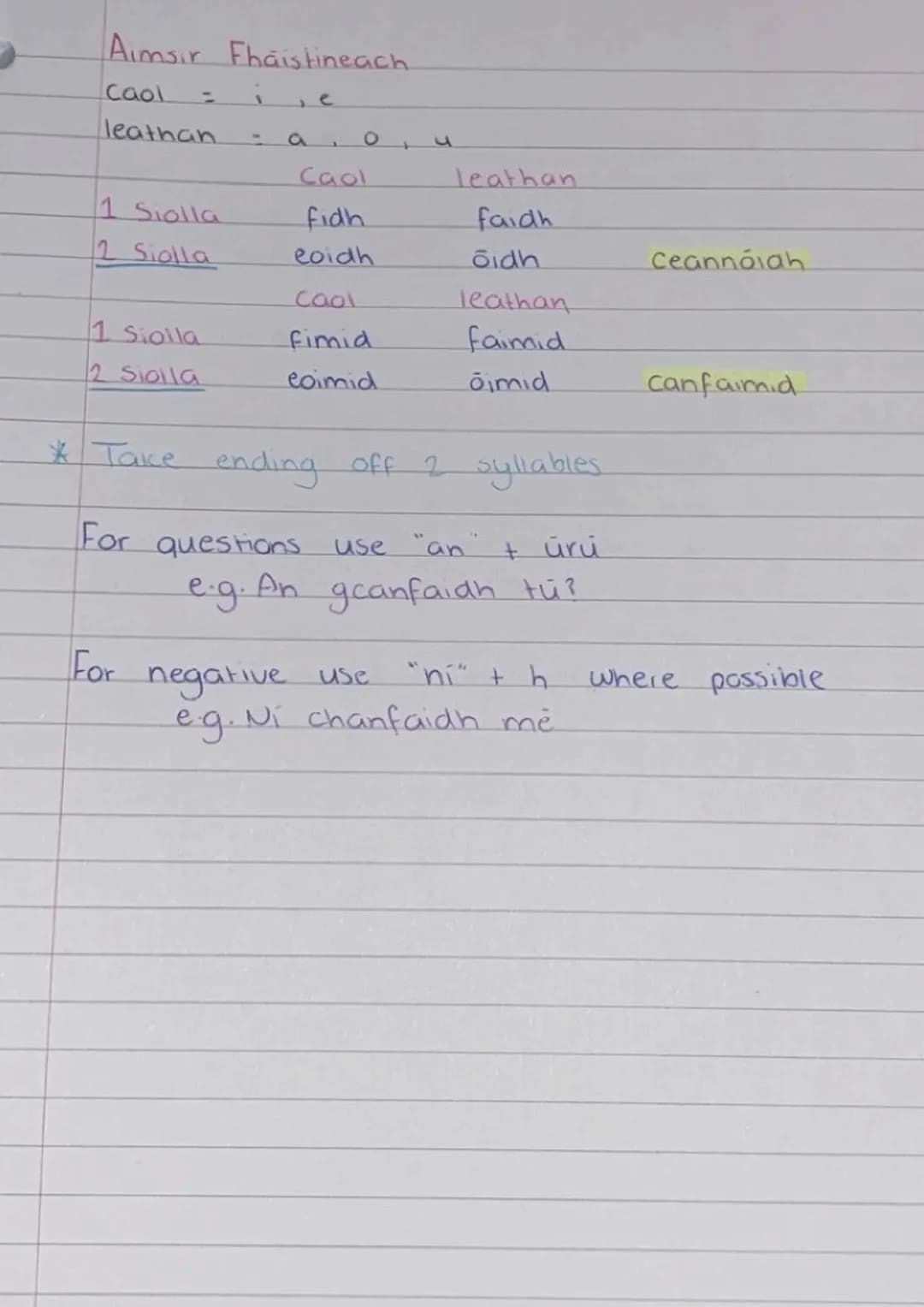 Aimsır Fhaistineach
Caol = i , e
leathan = a , o , u
| | Caol | leathan |
| ----------- | ----------- | ----------- |
| 1 Siolla