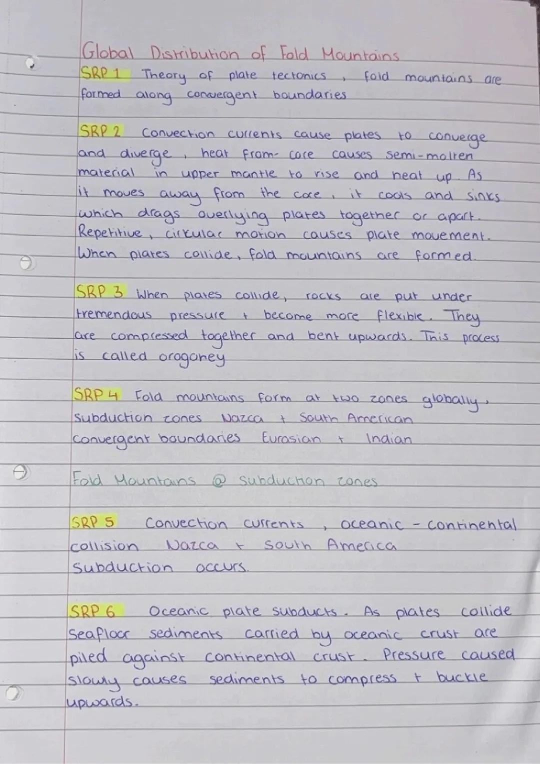 Global Distribution of Fold Mountains.
SRP 1 Theory of plate tectonics, fold mountains are
formed along convergent boundaries.
SRP 2 Conve