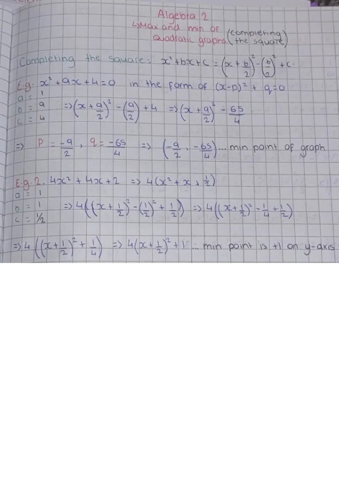 Completing
Algebra 2
Max and min of completing
Quadratic graphs (the square)
the square: $x^2+bx+c = (x+\frac{b}{2})^2-(\frac{b}{2})^2+c$
E.