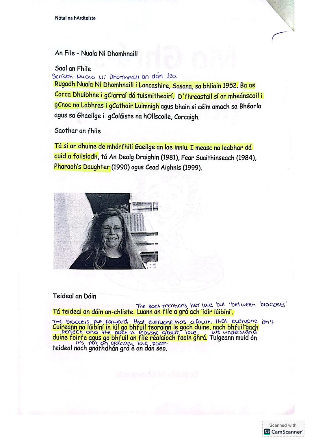 Nótaí na hArdteiste
# Mo Ghrá-sa
# (Idir Lúibíní)
Le Nuala Ní Dhomhnaill
Scanned with
CS CamScanner Nótaí na hArdteiste
An File - Nuala