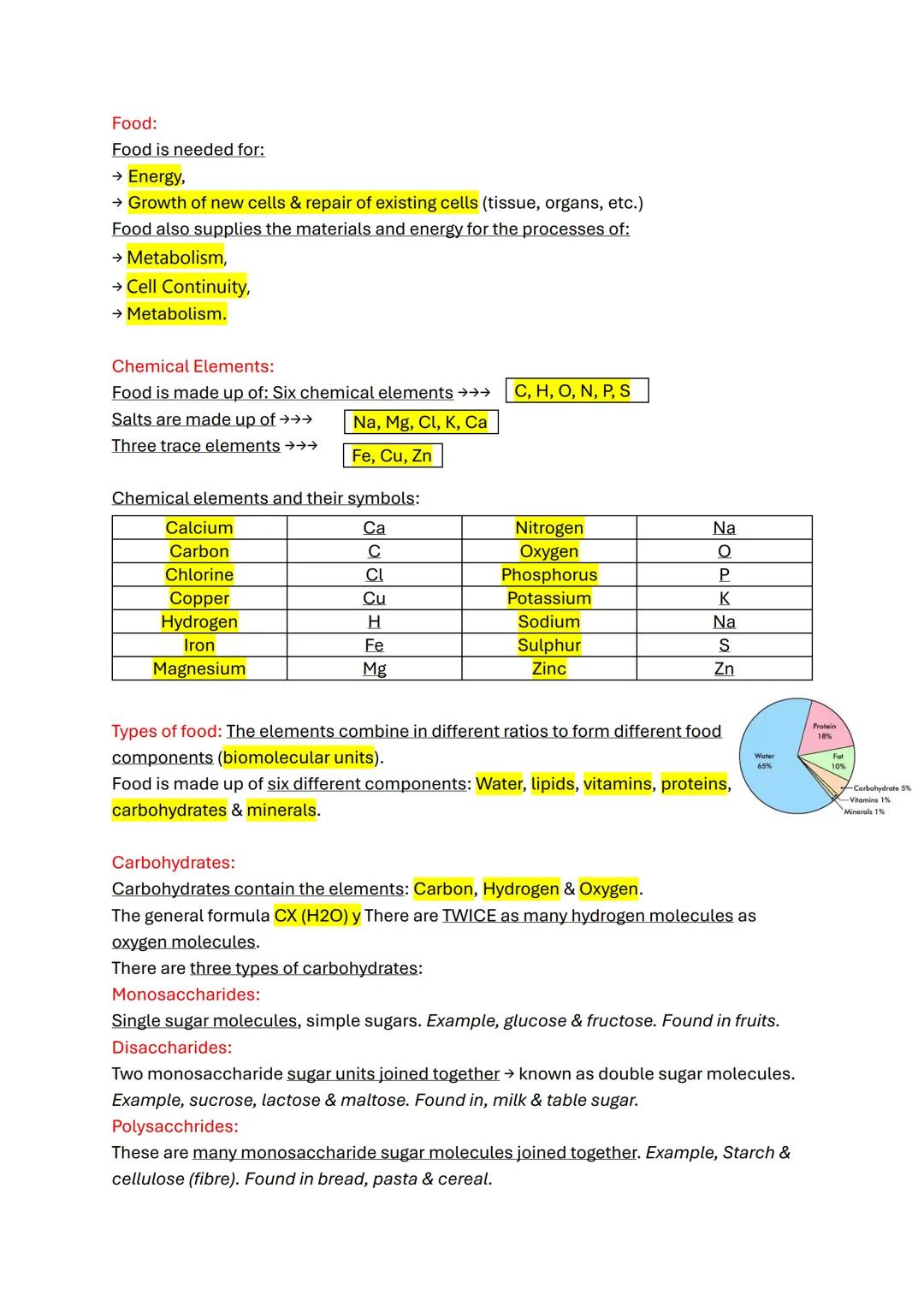 Food:
Food is needed for:
→ Energy,
→ Growth of new cells & repair of existing cells (tissue, organs, etc.)
Food also supplies the materials