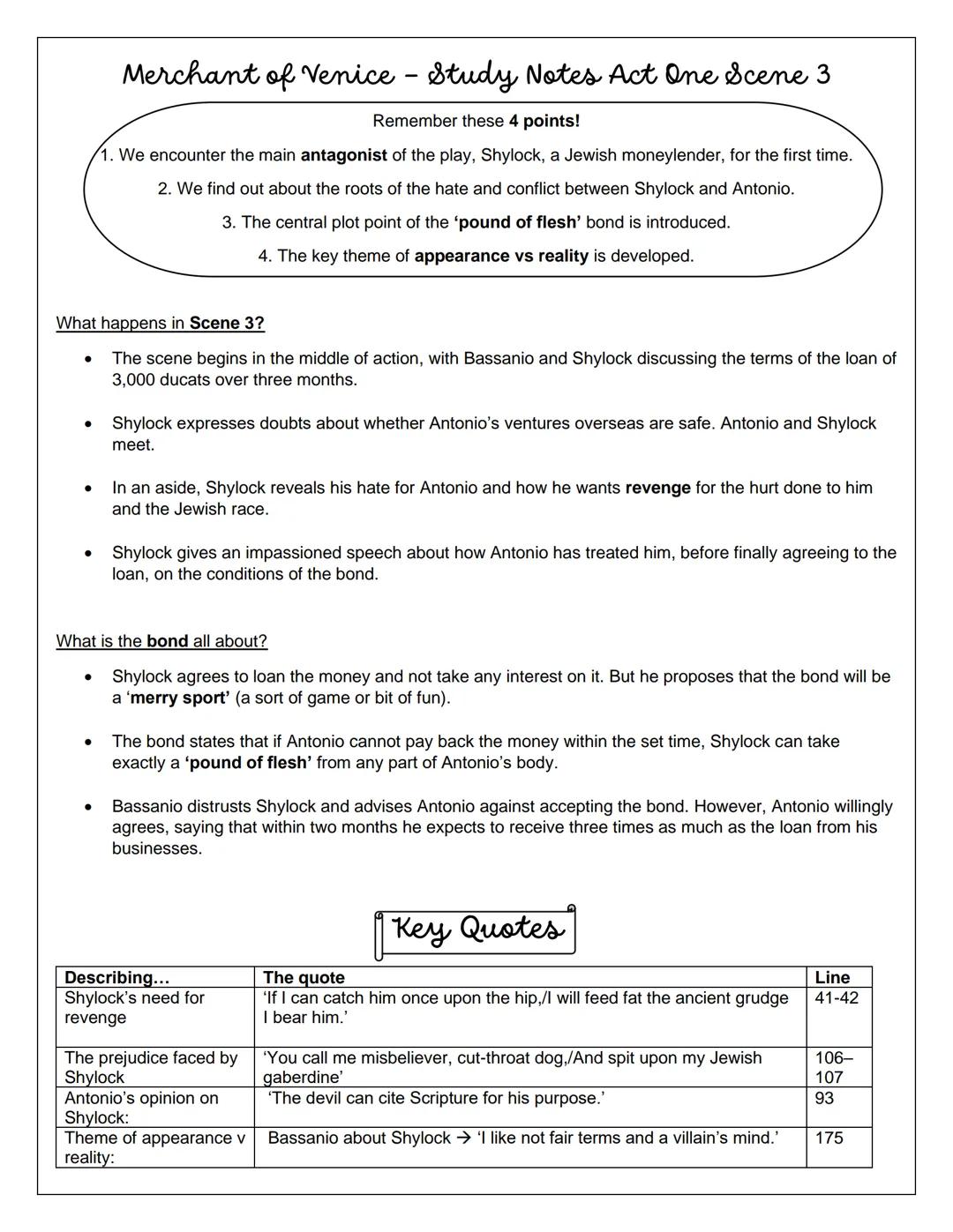 # The Merchant of Venice
Study Notes - Scene Summaries
Act One Scenes 1 and 2: We meet Antonio, Bassanio, Portia and Nerissa p. 2
Act One
