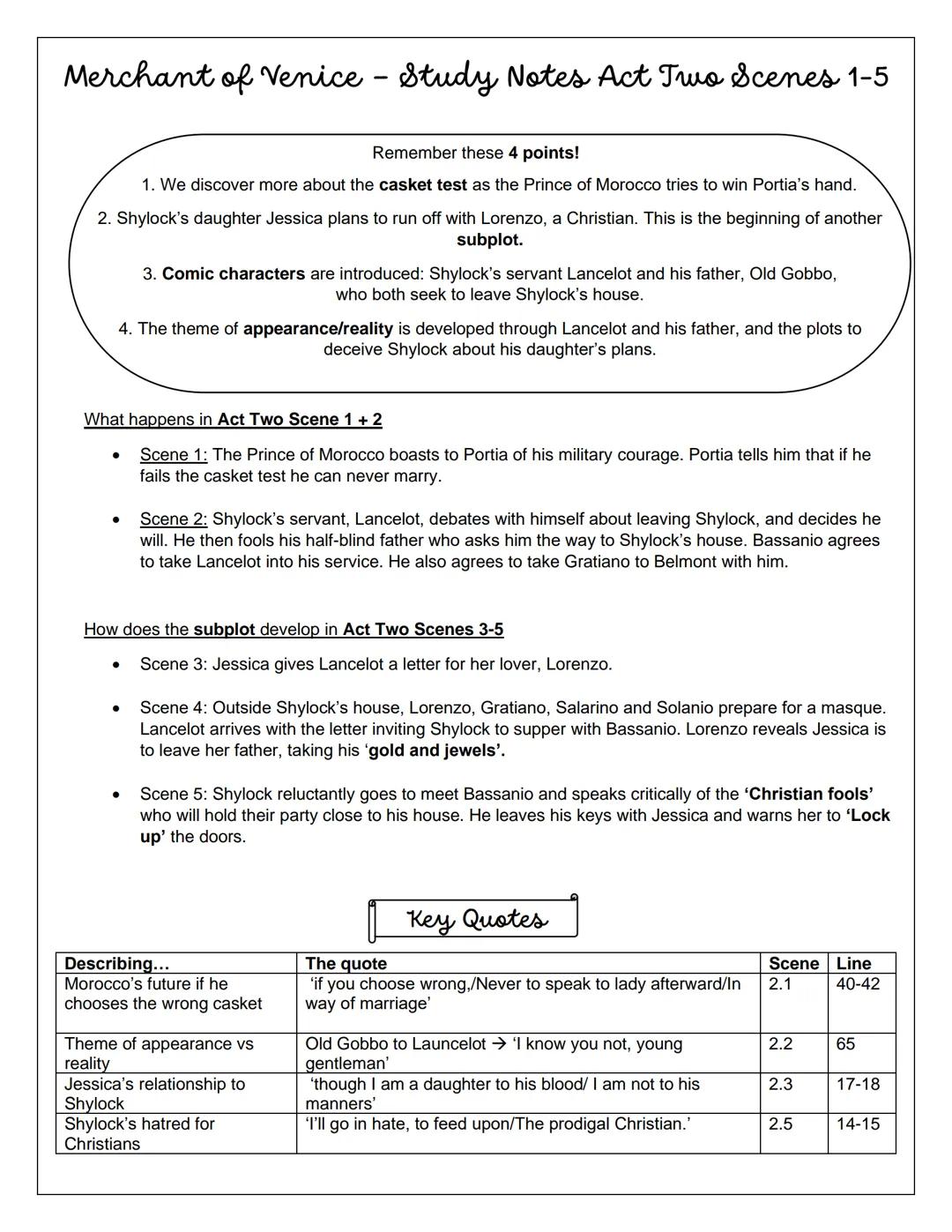 # The Merchant of Venice
Study Notes - Scene Summaries
Act One Scenes 1 and 2: We meet Antonio, Bassanio, Portia and Nerissa p. 2
Act One