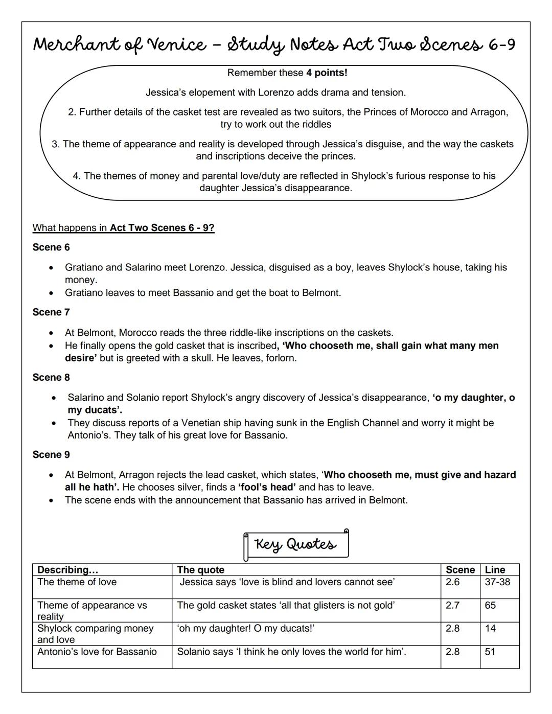 # The Merchant of Venice
Study Notes - Scene Summaries
Act One Scenes 1 and 2: We meet Antonio, Bassanio, Portia and Nerissa p. 2
Act One