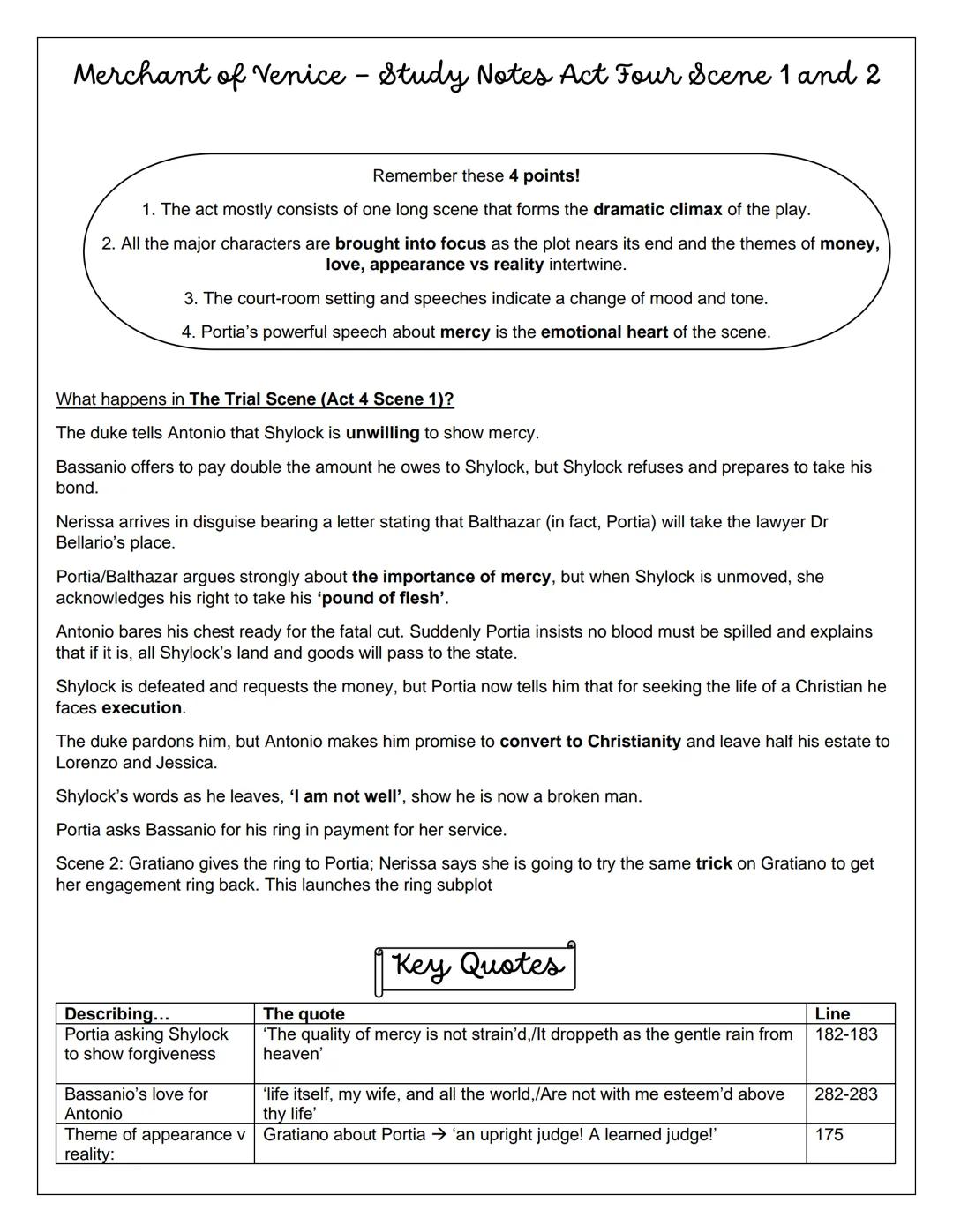 # The Merchant of Venice
Study Notes - Scene Summaries
Act One Scenes 1 and 2: We meet Antonio, Bassanio, Portia and Nerissa p. 2
Act One