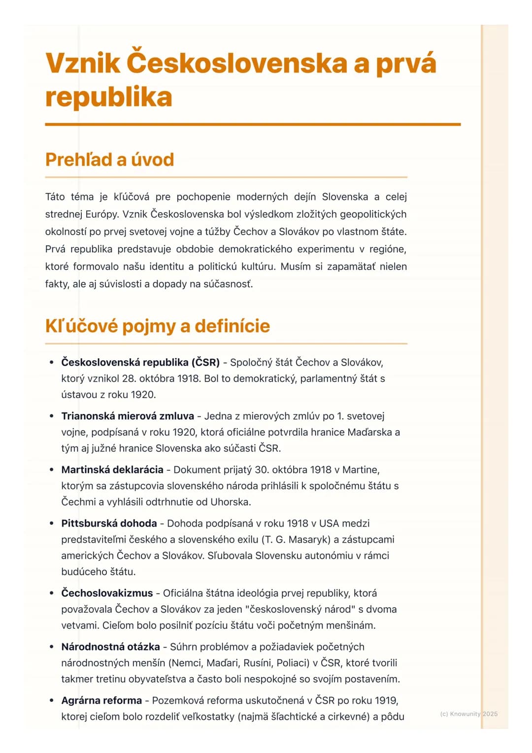# Vznik Československa a prvá
republika
Prehľad a úvod
Táto téma je kľúčová pre pochopenie moderných dejín Slovenska a celej
strednej Euró