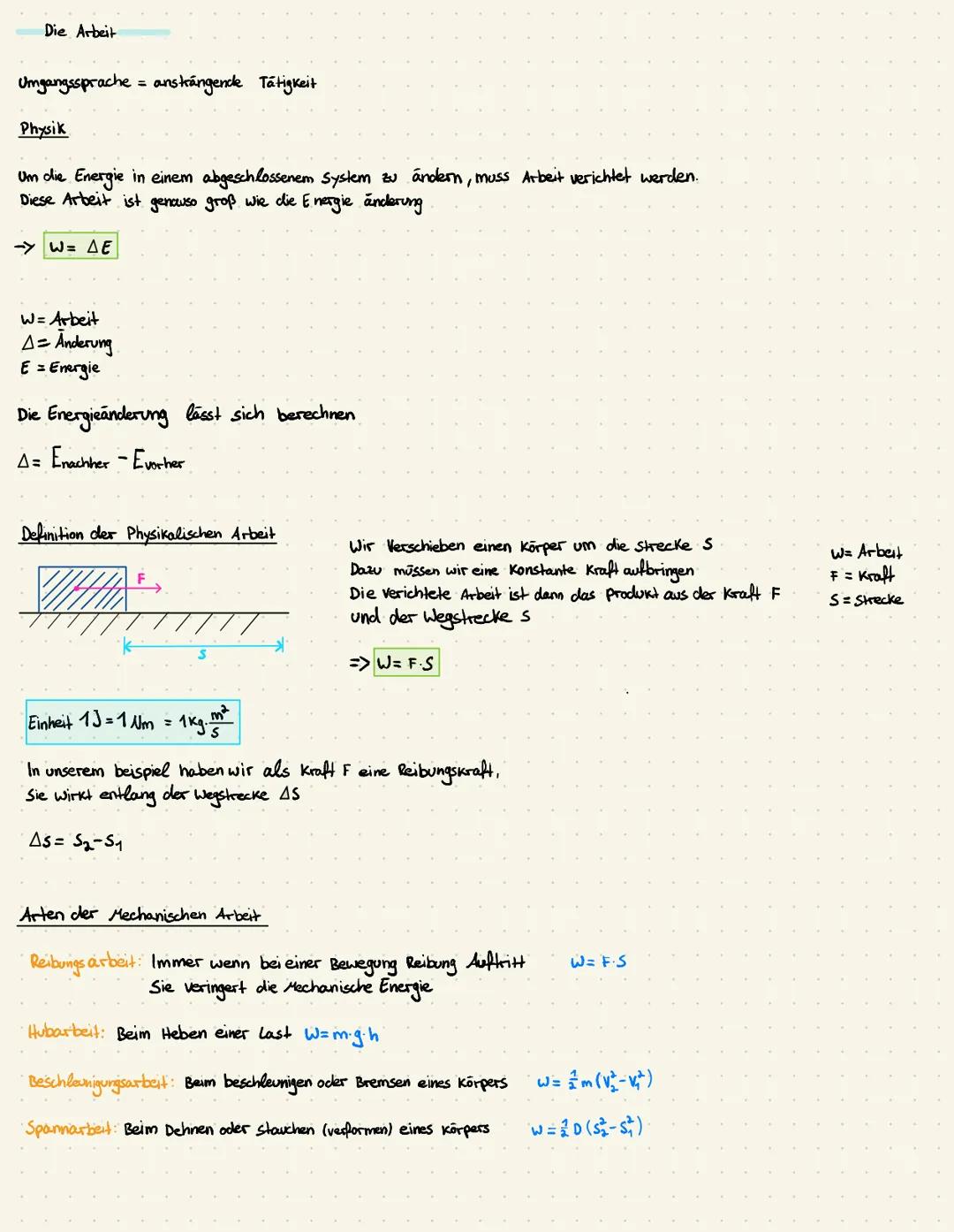Die Arbeit
Umgangssprache = ansträngende Tätigkeit
Physik
Um die Energie in einem abgeschlossenem System zu ändern, muss Arbeit verichtet