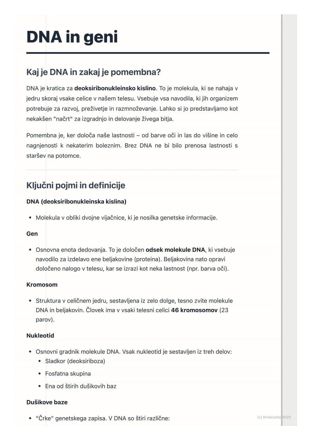 # DNA in geni
Kaj je DNA in zakaj je pomembna?
DNA je kratica za deoksiribonukleinsko kislino. To je molekula, ki se nahaja v
jedru skoraj