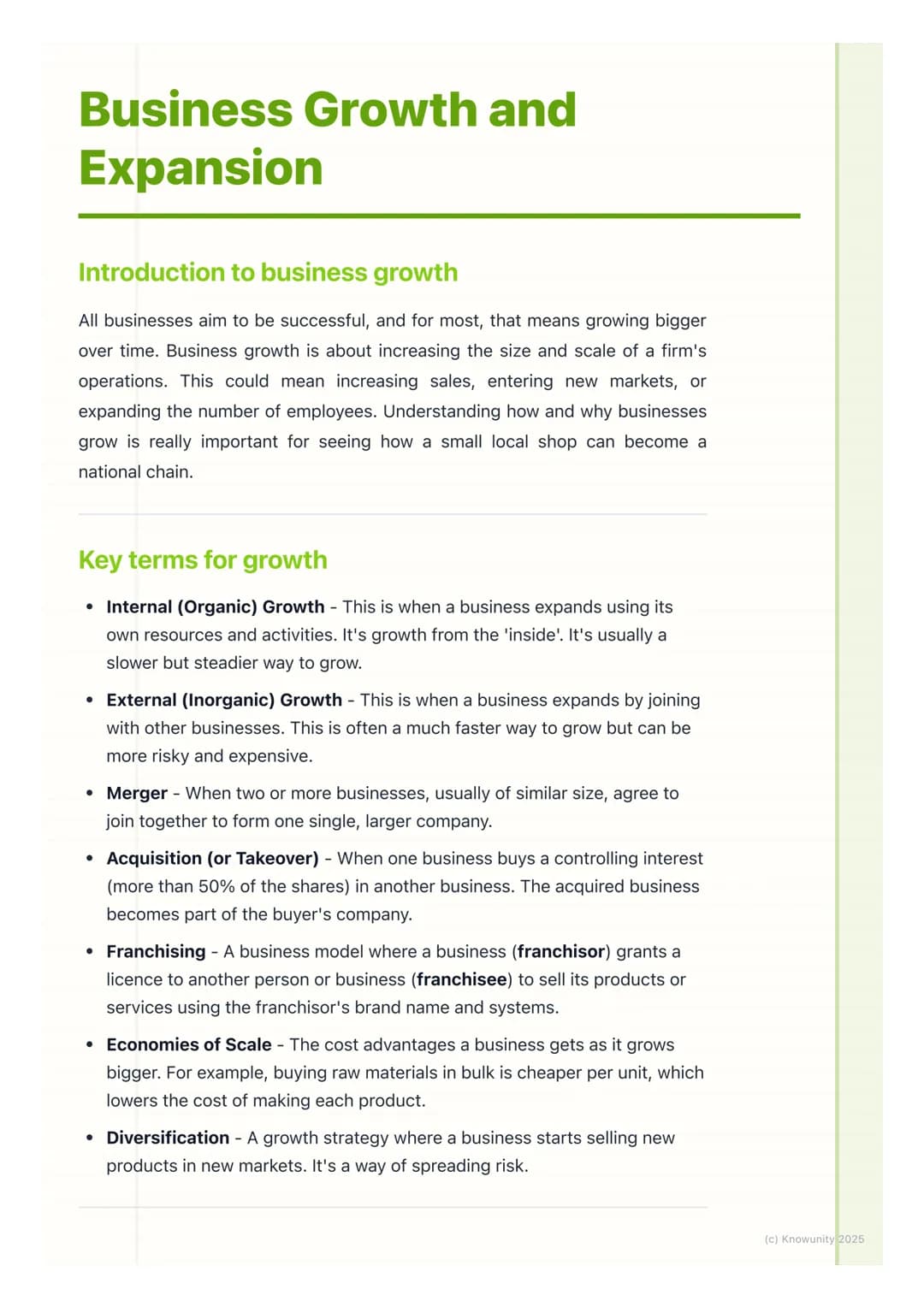 # Business Growth and
Expansion
Introduction to business growth
All businesses aim to be successful, and for most, that means growing bigg