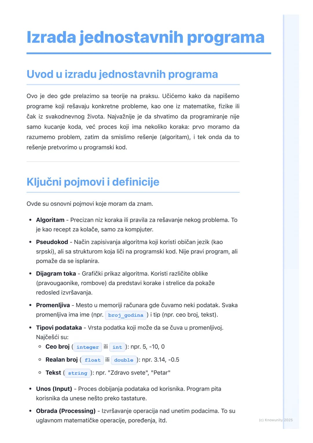 # Izrada jednostavnih programa
Uvod u izradu jednostavnih programa
Ovo je deo gde prelazimo sa teorije na praksu. Učićemo kako da napišemo
