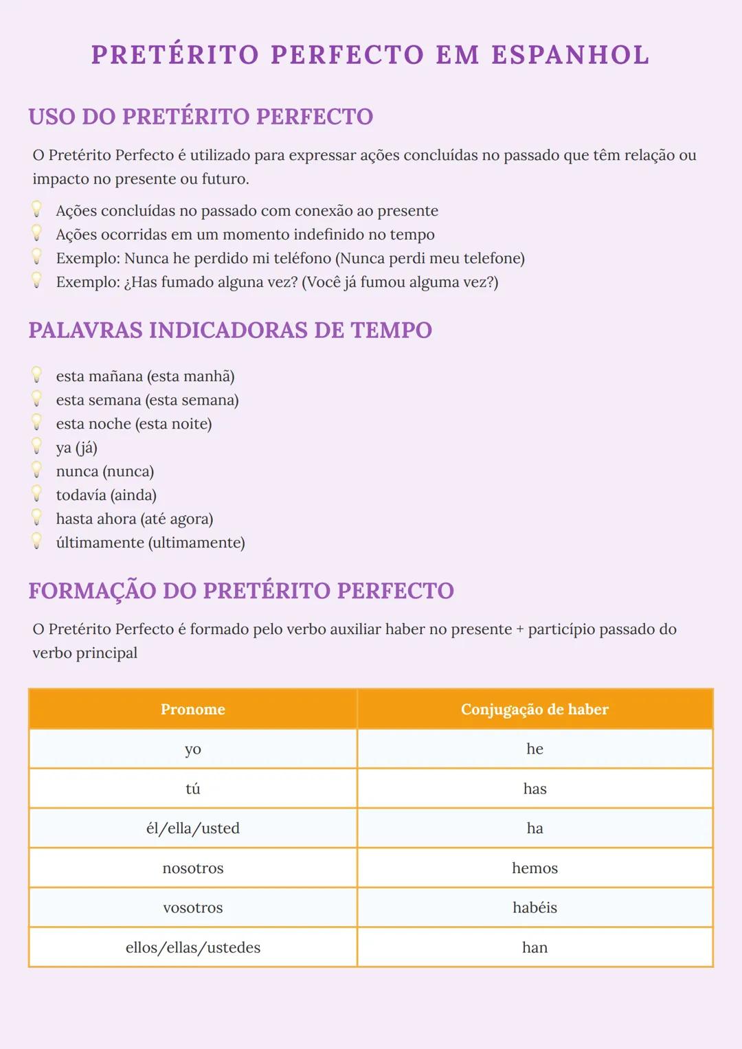 # PRETÉRITO PERFECTO EM ESPANHOL
## USO DO PRETÉRITO PERFECTO
O Pretérito Perfecto é utilizado para expressar ações concluídas no passado