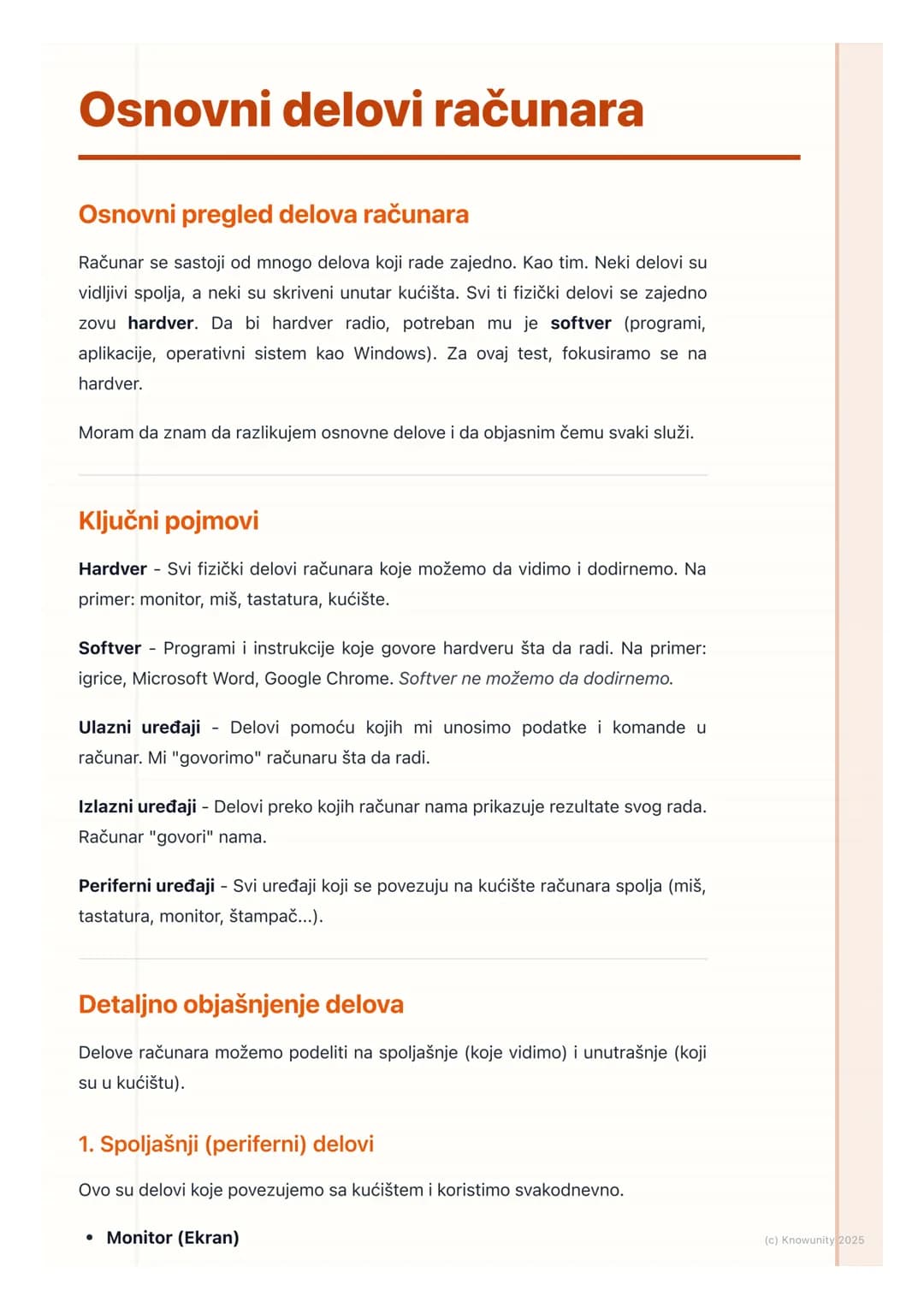 # Osnovni delovi računara
Osnovni pregled delova računara
Računar se sastoji od mnogo delova koji rade zajedno. Kao tim. Neki delovi su
vi