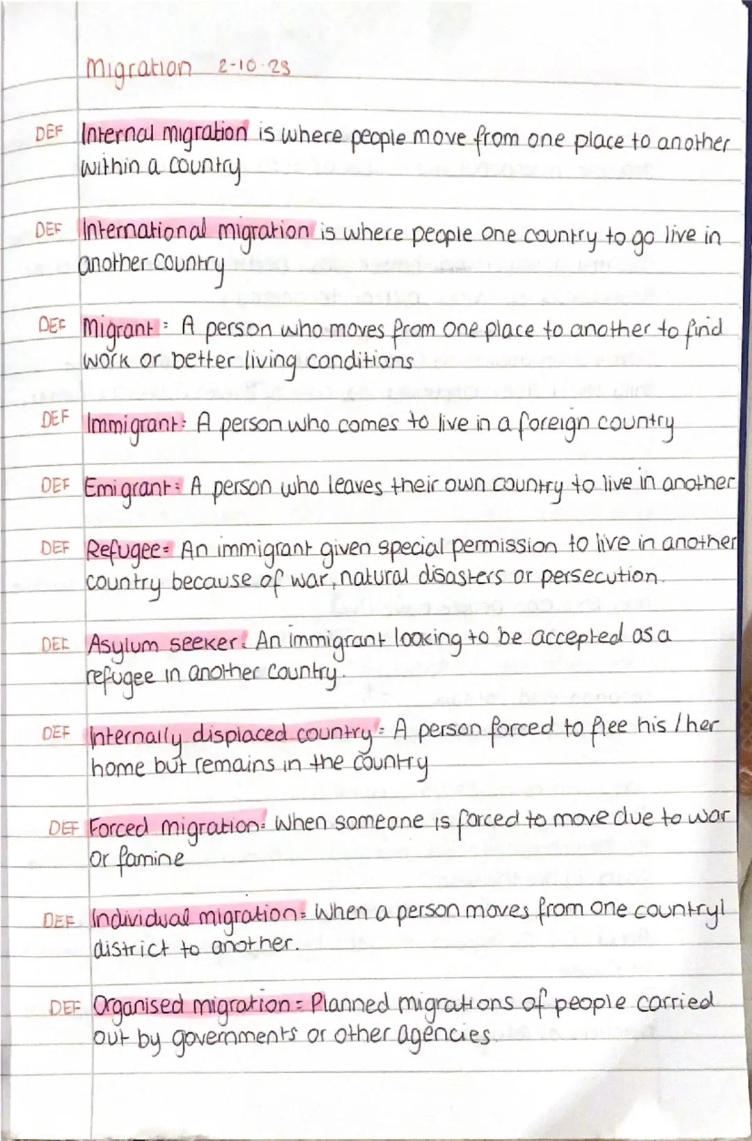 Migration 2-10-25
DEF Internal migration is where people move from one place to another
within a country
DEF International migration is wh