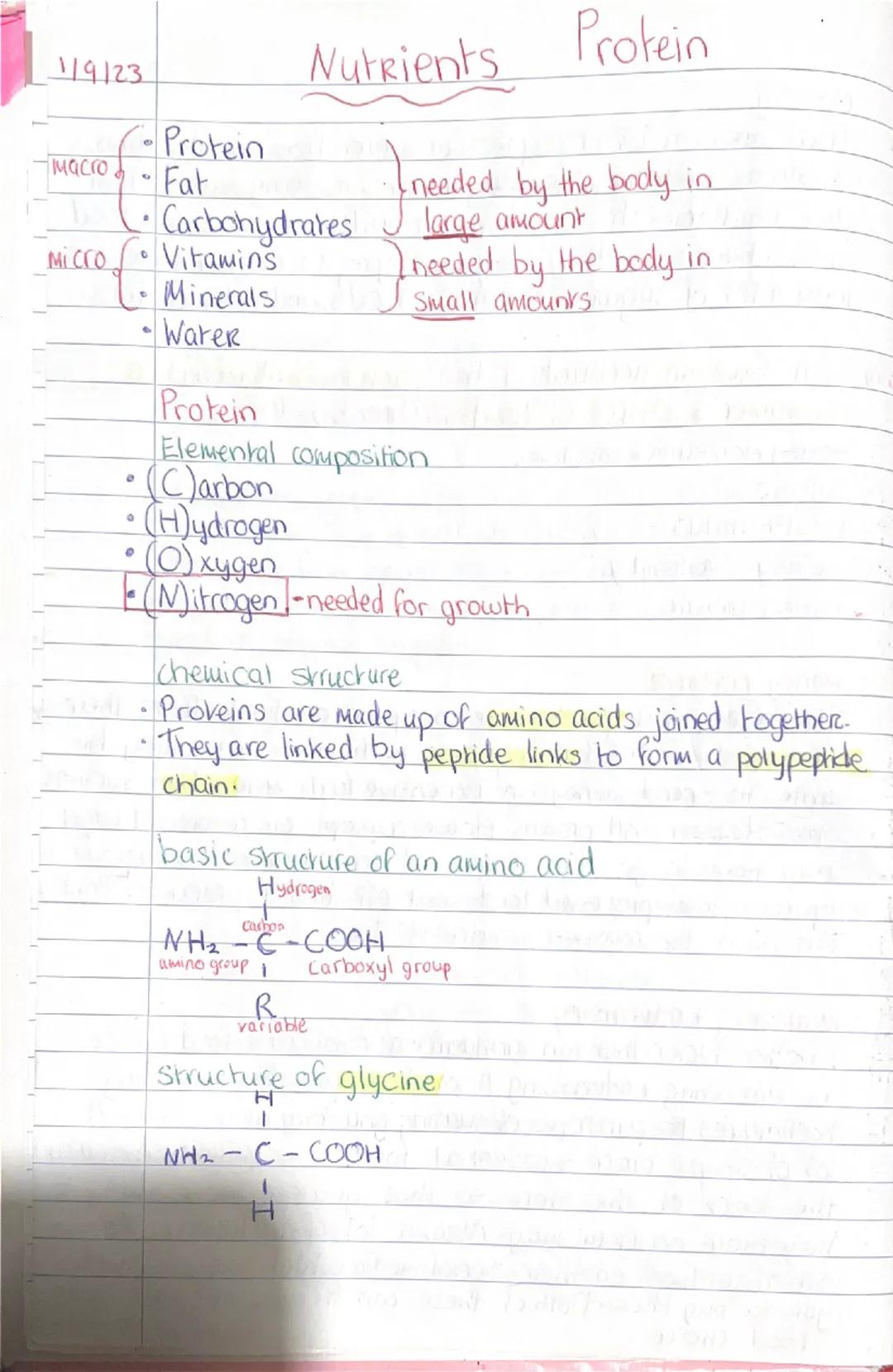 1/9/23
Nutrients Protein
Macro
- Protein
- Fat
} needed by the body in
- Carbohydrates large amount
Micro
- Vitamins
} I needed by the bod