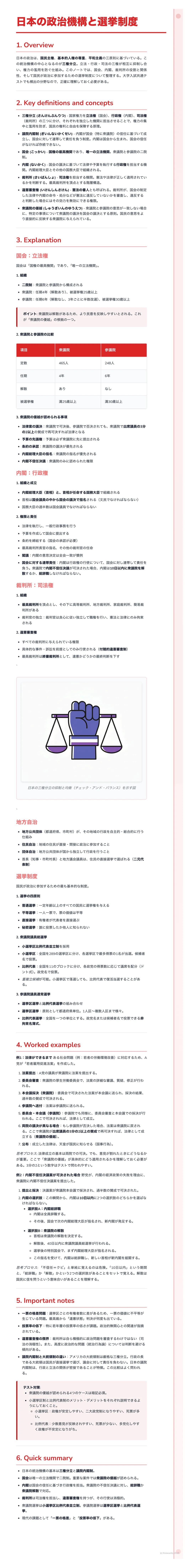 # 日本の政治機構と選挙制度
1. Overview
2. Key definitions and concepts
3. Explanation
### 議会・内閣
### 内閣
| |
| ----------- | ----------- |
| 内