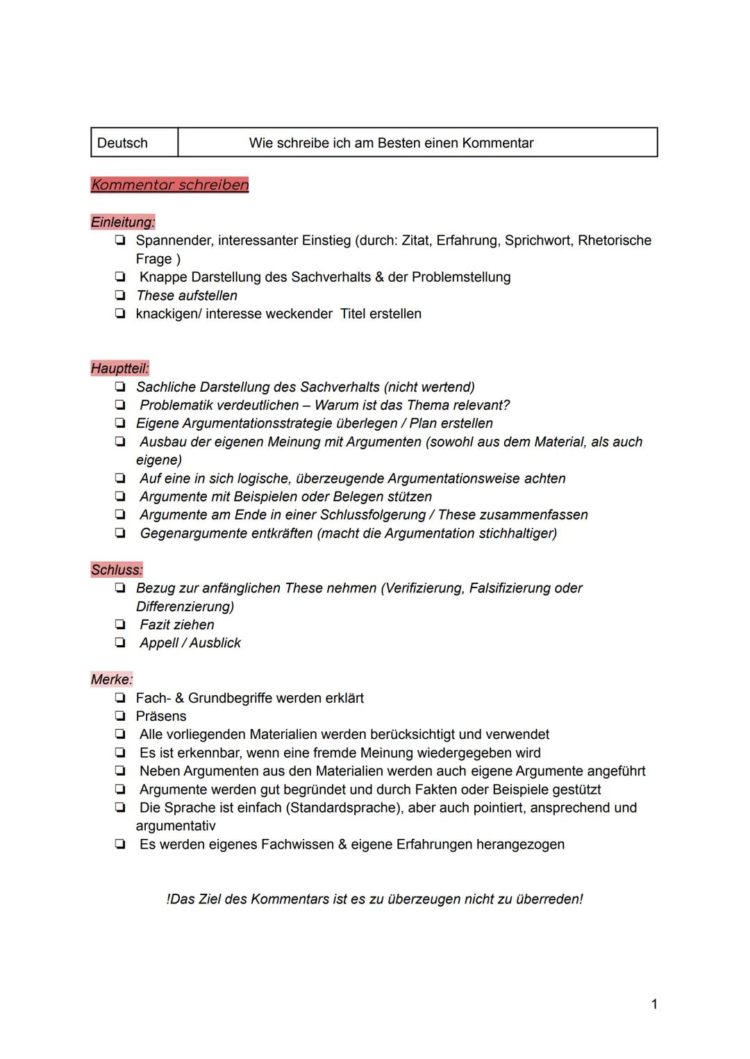 Deutsch
Wie schreibe ich am Besten einen Kommentar
Kommentar schreiben
Einleitung:
- Spannender, interessanter Einstieg (durch: Zitat, Erfah
