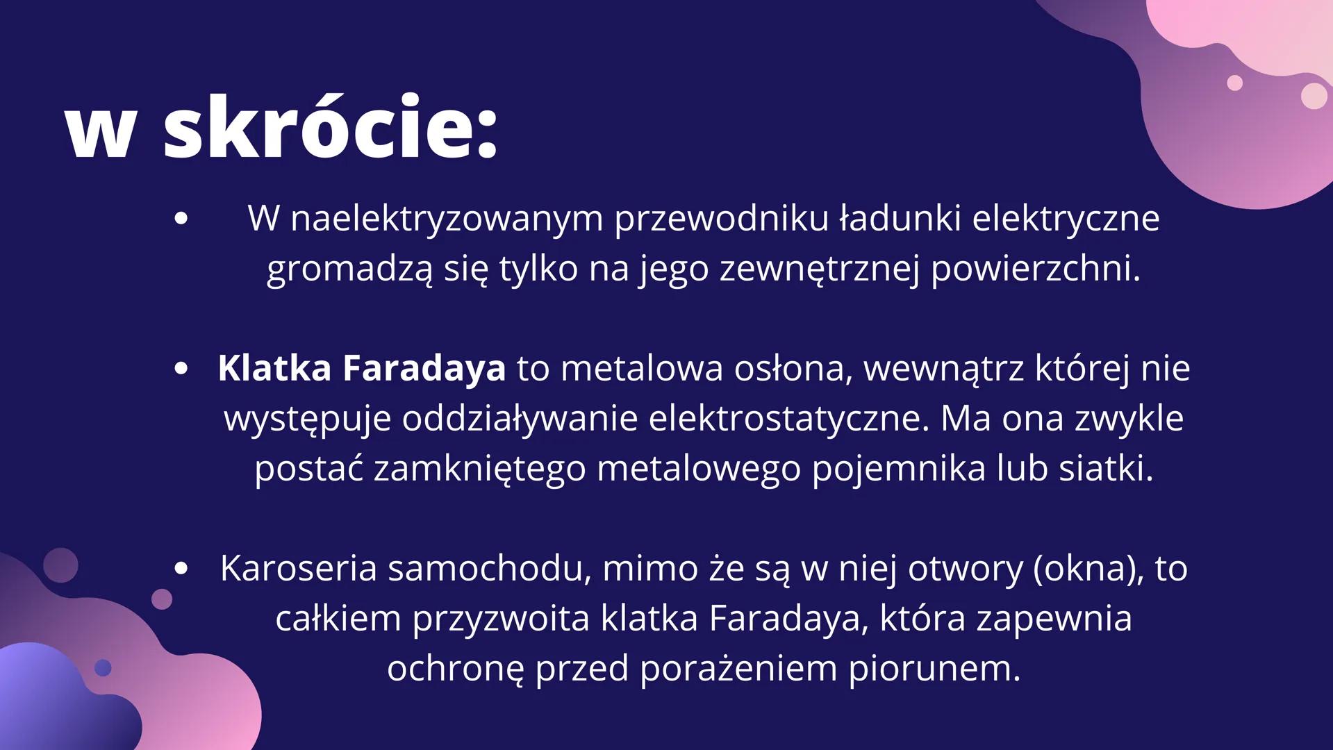 KLATKA
FARADAYA WIEMY, ŻE W PRZEWODNIKU ELEKTRYCZNYM ZNAJDUJĄ SIĘ
SWOBODNE ELEKTRONY, KTÓRE MOGĄ SIĘ W NIM PRZEMIESZCZAĆ.
WIEMY RÓWNIEŻ, ŻE