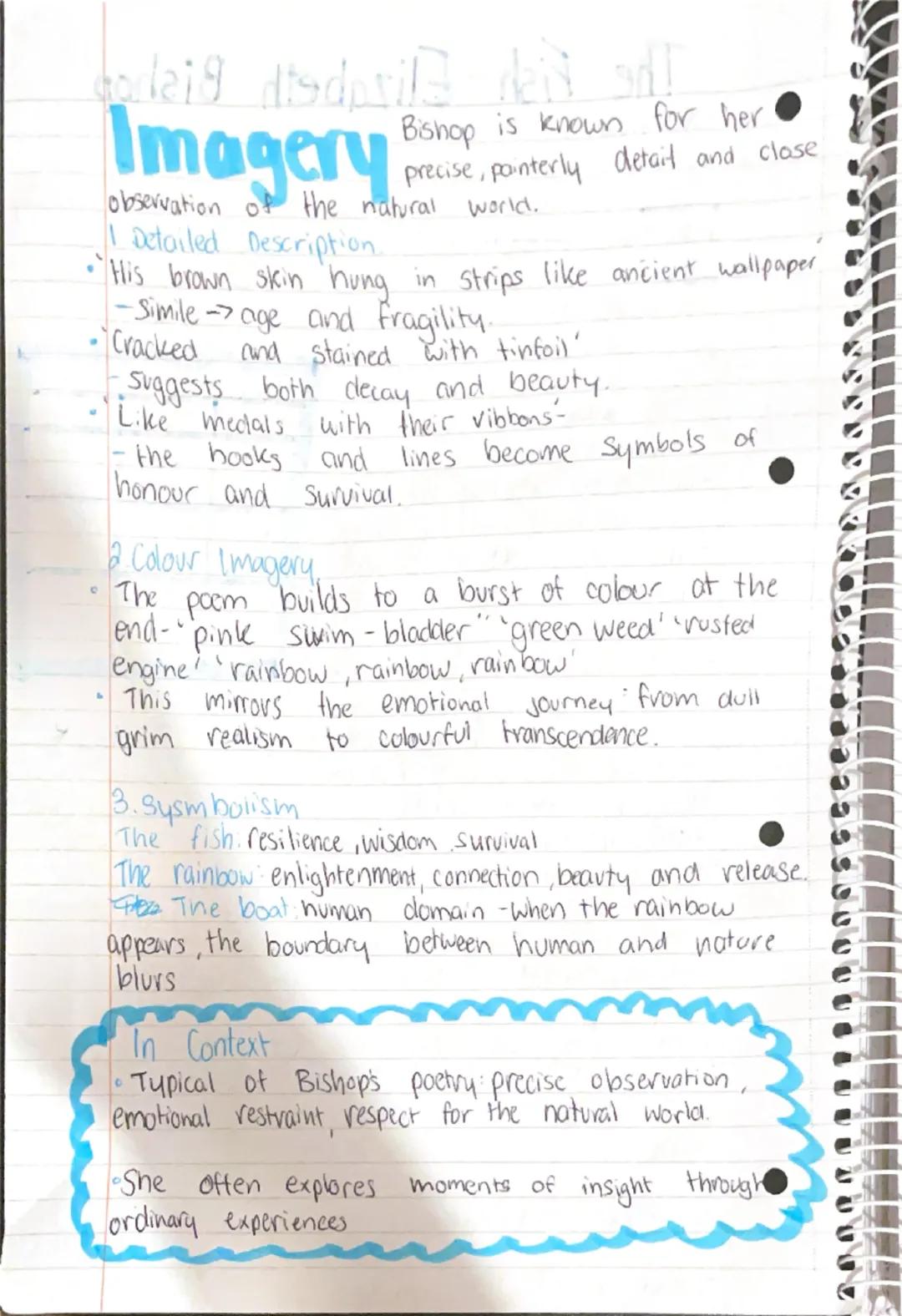 # The Fish - Elizabeth Bishop
Overview
Written in 1940
Theme: A speaker catches a huge fish, observes it closely
and then Glasety decides t