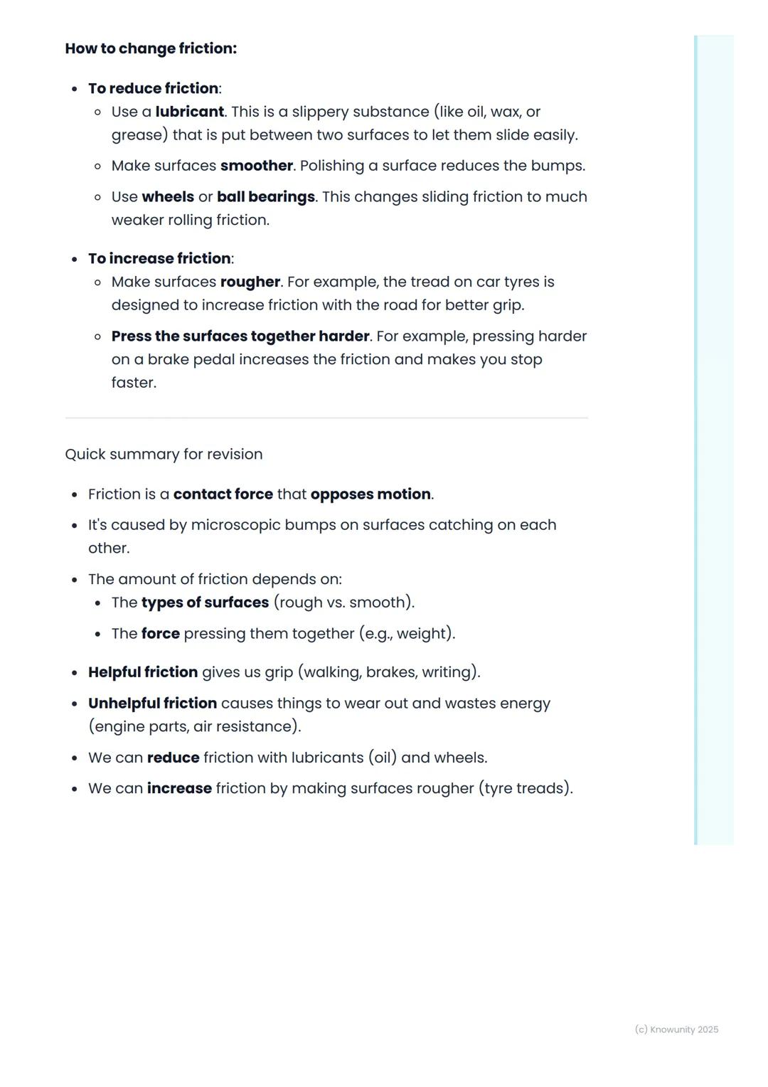# Friction
What is friction?
Friction is a force that happens when two surfaces rub against each
other. It always tries to stop things fro