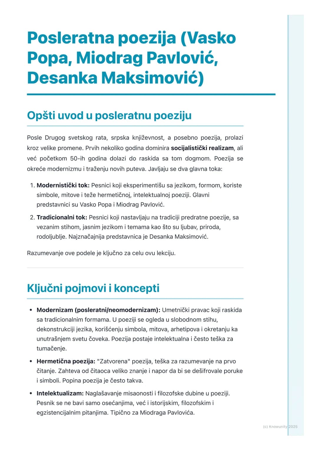 # Posleratna poezija (Vasko
Popa, Miodrag Pavlović,
Desanka Maksimović)
Opšti uvod u posleratnu poeziju
Posle Drugog svetskog rata, srpska