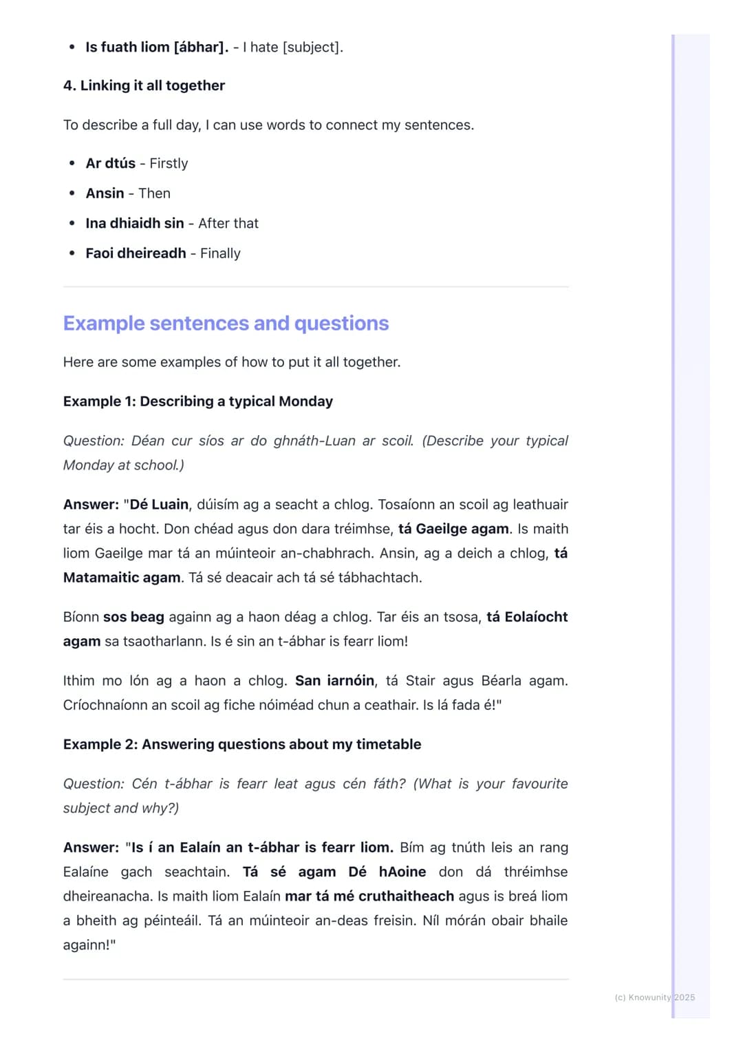 # Amchlár agus Gnáthamh
Scoile (School Timetable and
Routine)
Talking about my school routine
This topic is all about describing my school