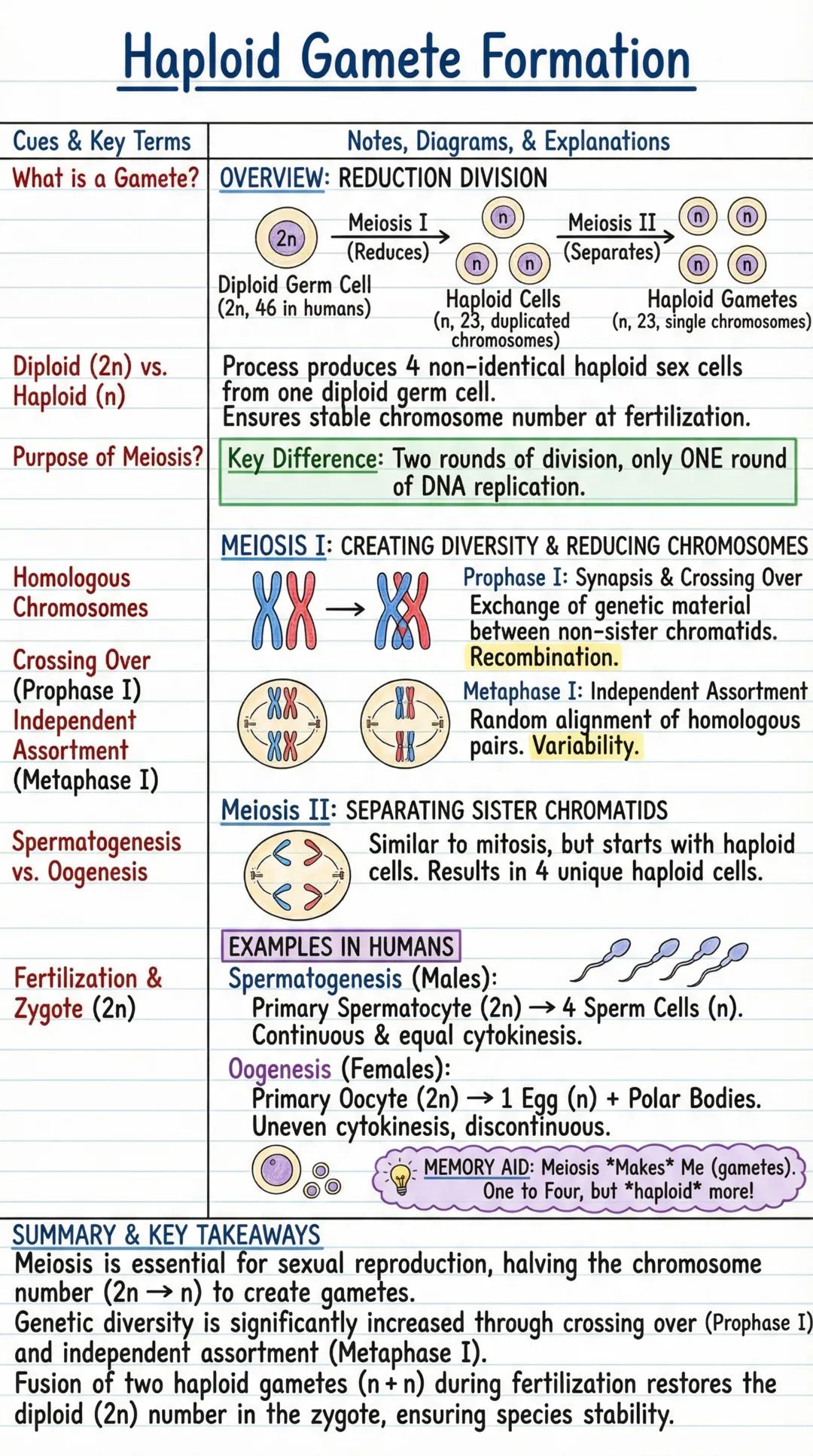 # Haploid Gamete Formation
| Cues & Key Terms | Notes, Diagrams, & Explanations |
| --- | --- |
| What is a Gamete? | OVERVIEW: REDUCTION D