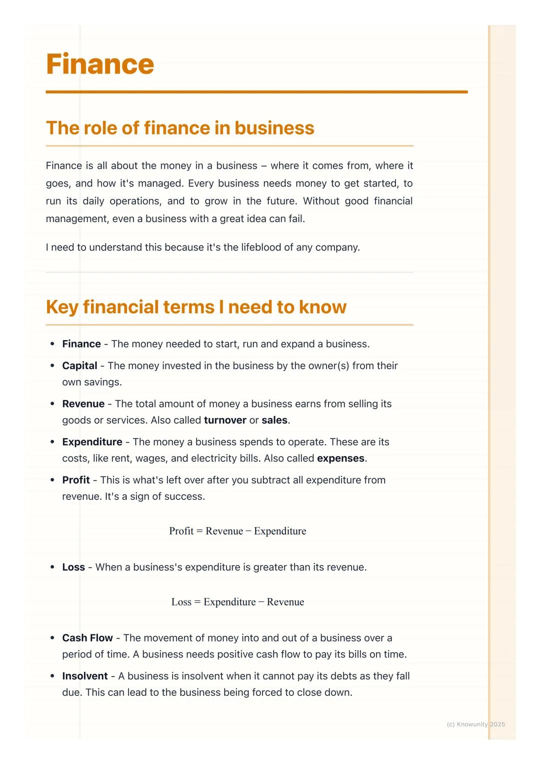 # Finance
## The role of finance in business
Finance is all about the money in a business - where it comes from, where it
goes, and how it