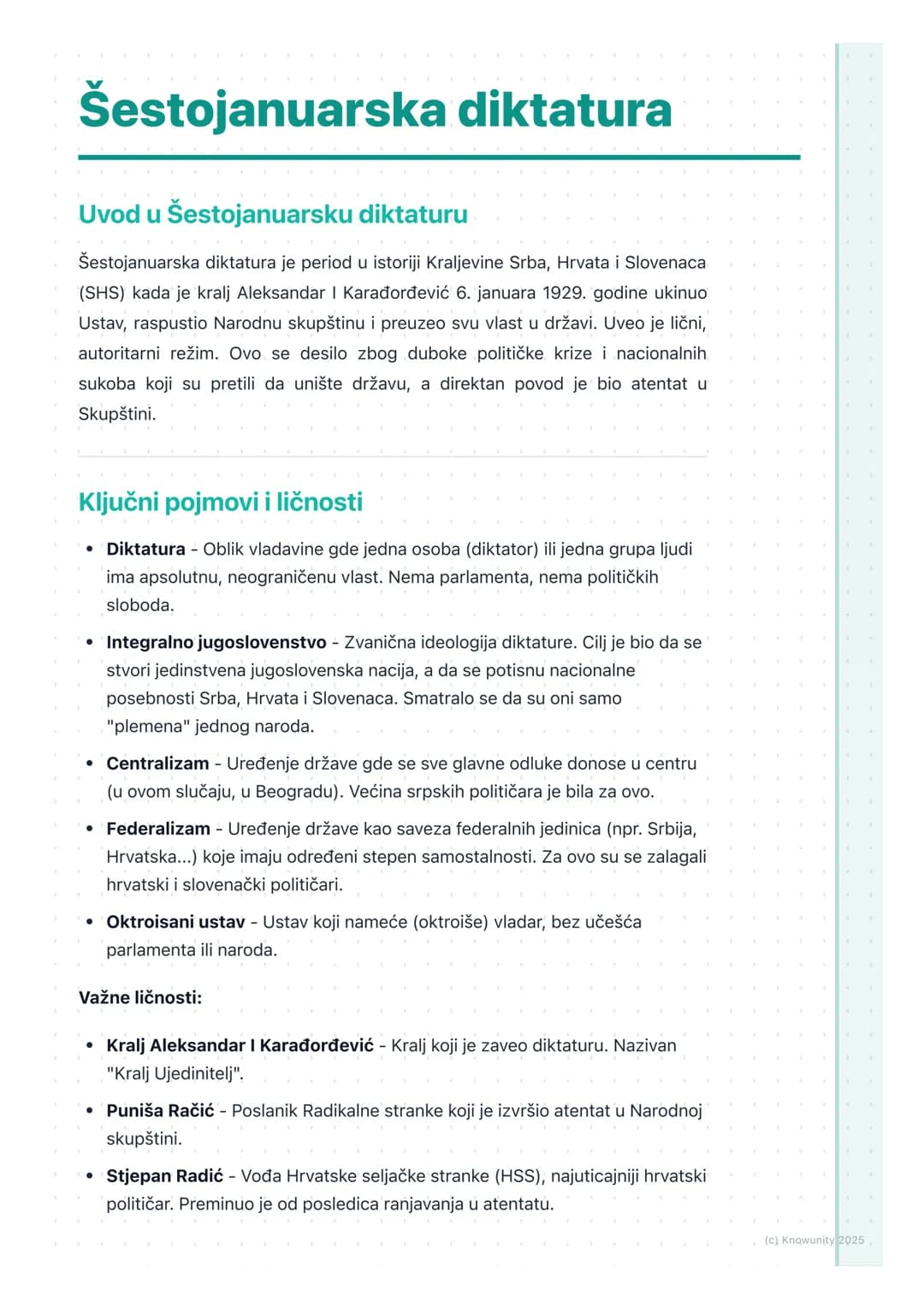 # Šestojanuarska diktatura
Uvod u Šestojanuarsku diktaturu
Šestojanuarska diktatura je period u istoriji Kraljevine Srba, Hrvata i Slovena