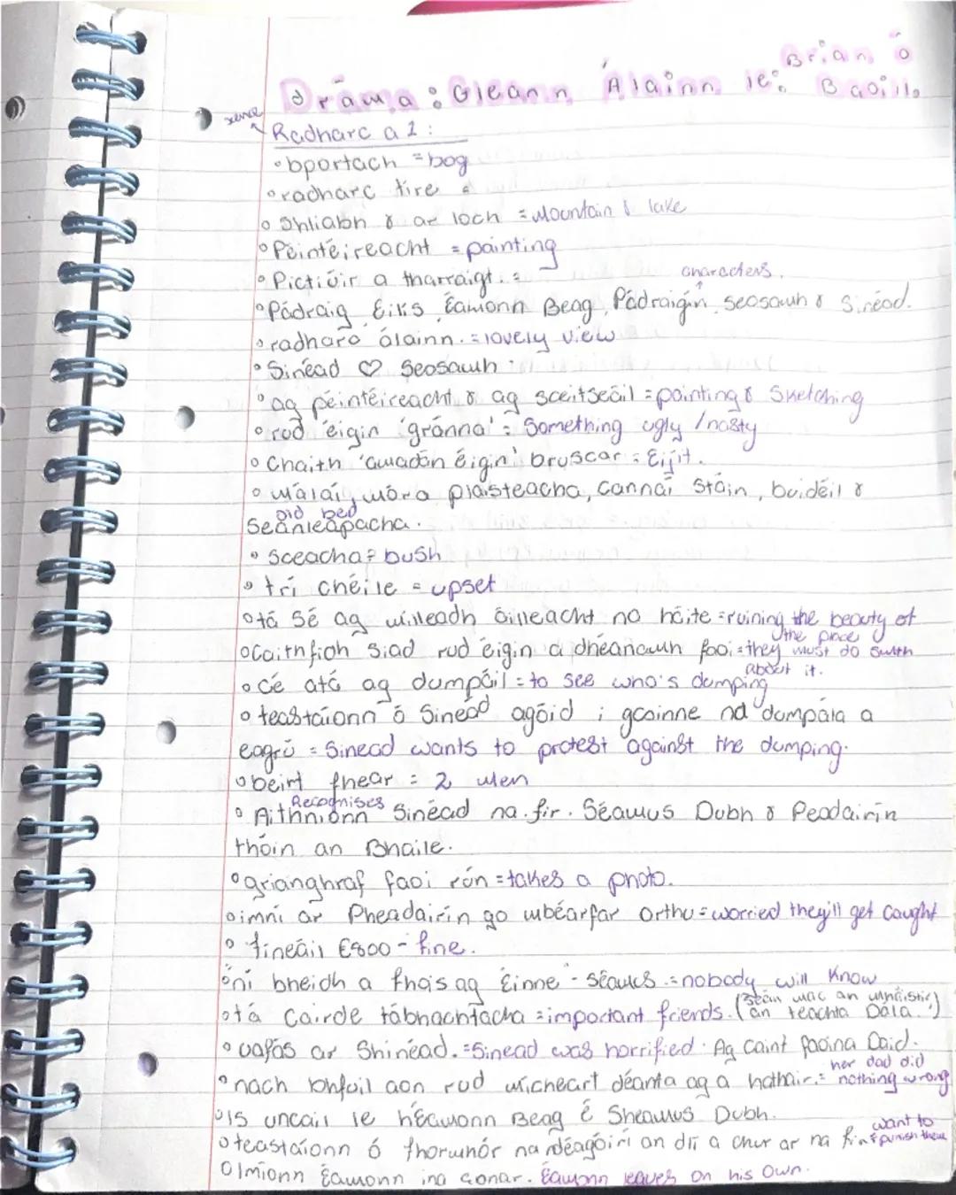xene
0
Brian o
Drama: Gleann Alainn je. O aoillo
Radhare a 1:
•bportach bog
radharc tire
• Shliabh & ar loch = Mountain & lake
Pointéireacht